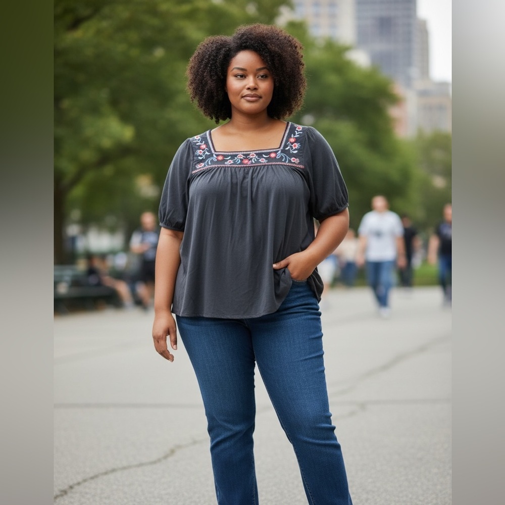 Lane Bryant Dark Blue Floral Embroidered Blouse